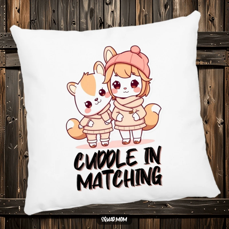 Funny Kawaii mom friend animal character wearing matching outfits with her child on a soft throw pillow, a cute duo accent.