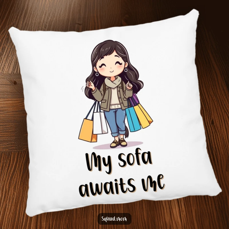 Funny pillow featuring a mom friend with multiple shopping bags, offering comfort and humor after a shopping spree, a thoughtful funny gift.