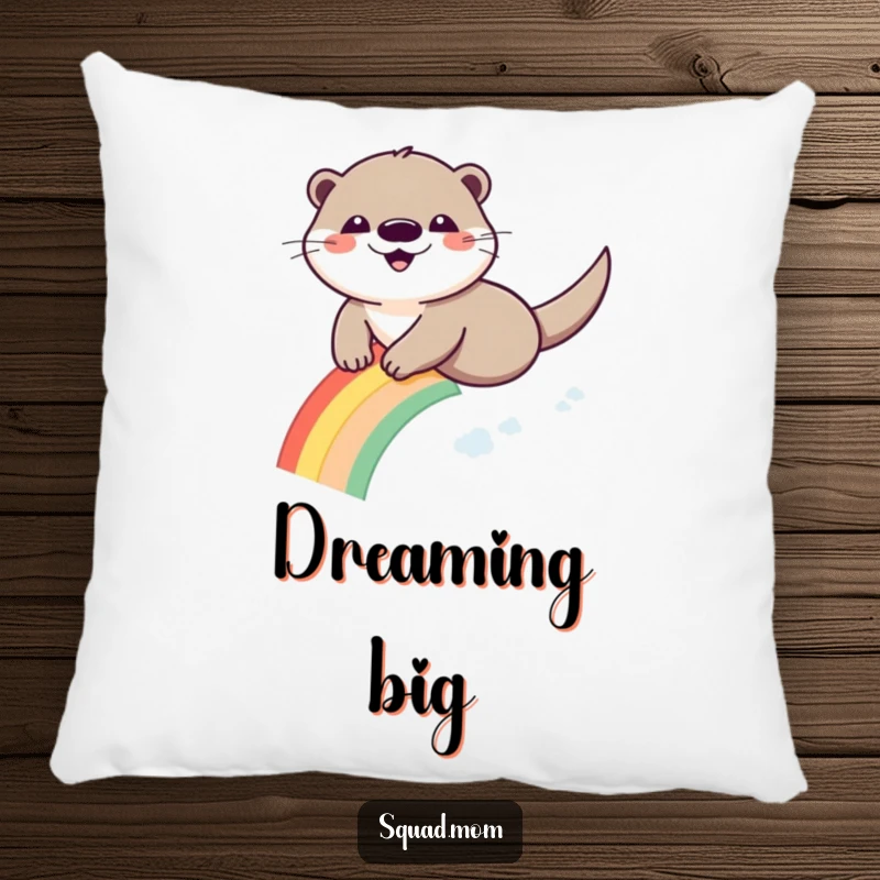 Funny Otter Rainbow Pillow: A happy otter slides down a colorful rainbow, adding cheerful decor.