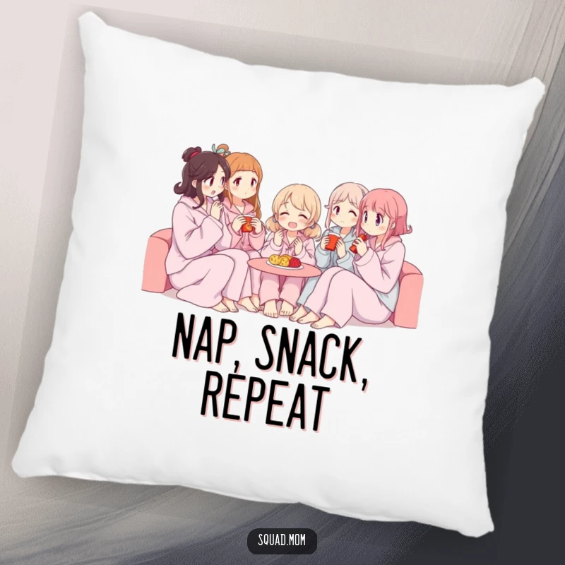 Funny pillow showing women in pajamas sharing snacks, perfect for adding humor and comfort to any room.