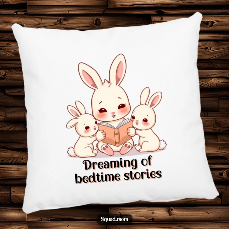 Funny rabbit mom character reading a story to her babies, a soft and decorative pillow for comfort.