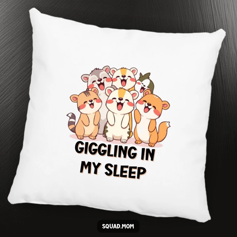 Funny Pillow: Group of animal friends giggling and pointing upwards, adding soft, humorous charm.