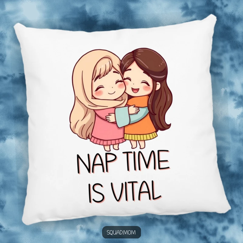 A soft pillow featuring two mom friends sharing a loving embrace, symbolizing comfort and the funny side of motherhood.