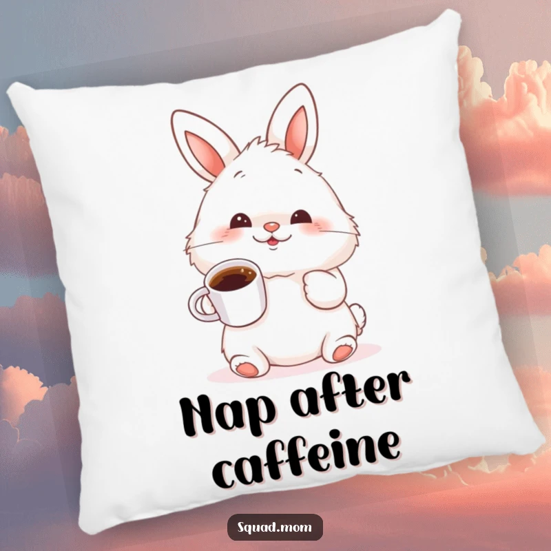 Funny fluffy bunny wiggling its nose and holding a tiny coffee cup, a soft and humorous pillow for cozy spaces.