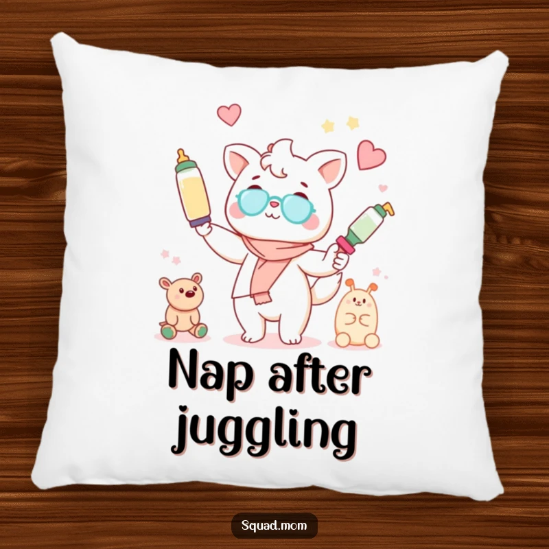 Funny Kawaii mom friend animal character juggling baby bottles and toys on a soft throw pillow, a comforting mom accessory.