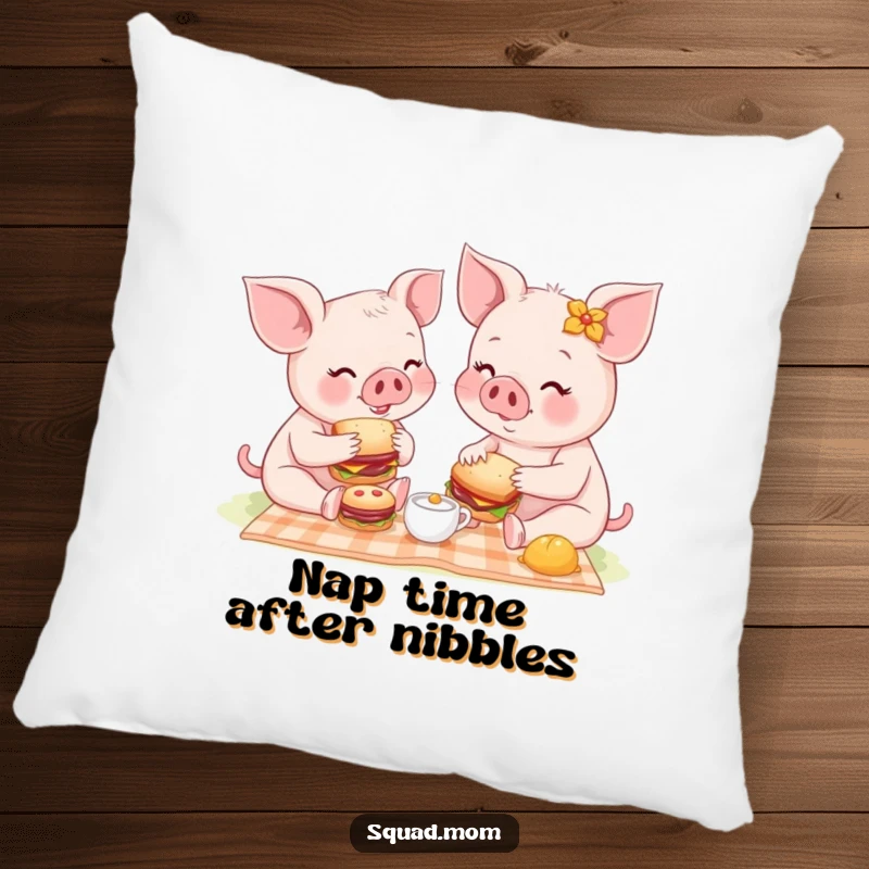 Funny decorative pillow with a mother piglet and baby sharing tiny sandwiches at a picnic, a cute and humorous gift.