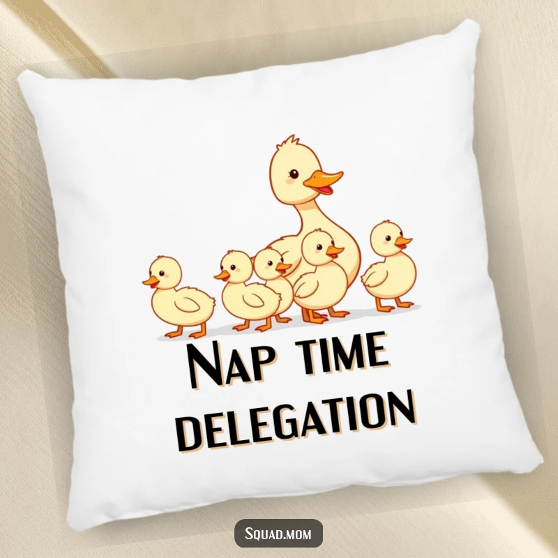 Funny pillow showcasing a mother duck leading her ducklings in a row, offering comfort and a humorous touch to any living space.