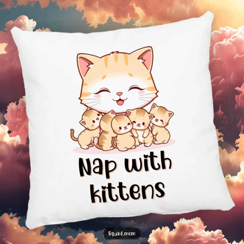 Funny Cat Mom Pillow showcasing a happy mother cat gently grooming her tiny kittens, bringing a humorous and cozy feel to any room.