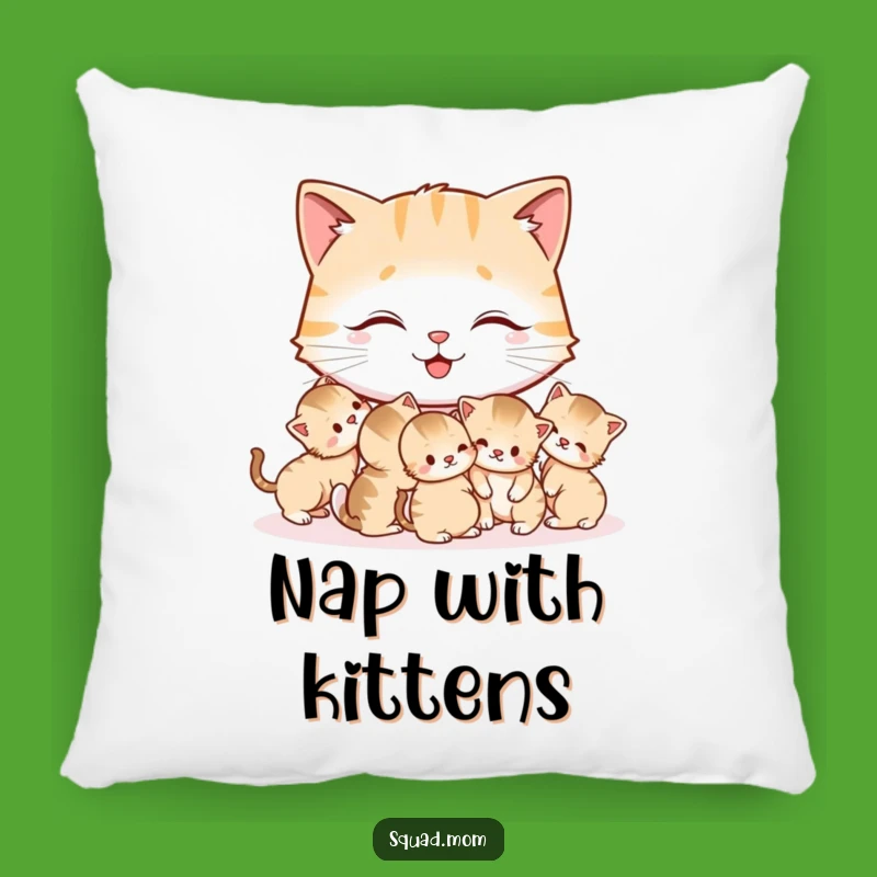 Funny Cat Mom Pillow: Happy Mother Cat Grooming Kittens, Humorous Home Decor Gift