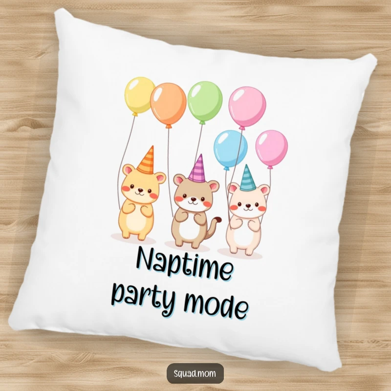 Funny pillow displaying a whimsical scene of animal friends in silly hats and holding balloons, offering comfort and a festive visual.