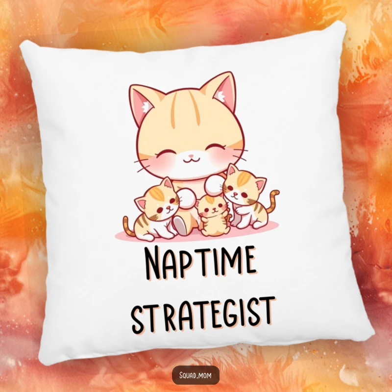 Funny cat mom playing with her kittens, a soft and decorative pillow that brings joy.