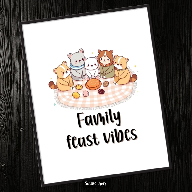 Funny digital art print, cute animal moms sharing a picnic blanket, perfect for humorous wall decor.