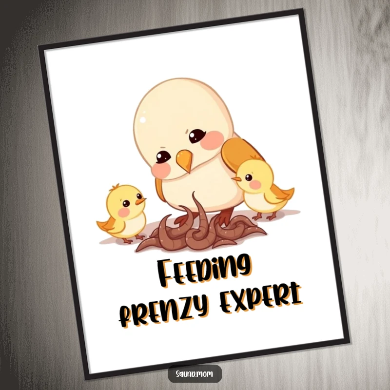 Funny digital art print of a mama bird character feeding worms to her little ones, capturing a moment of tender care and love.