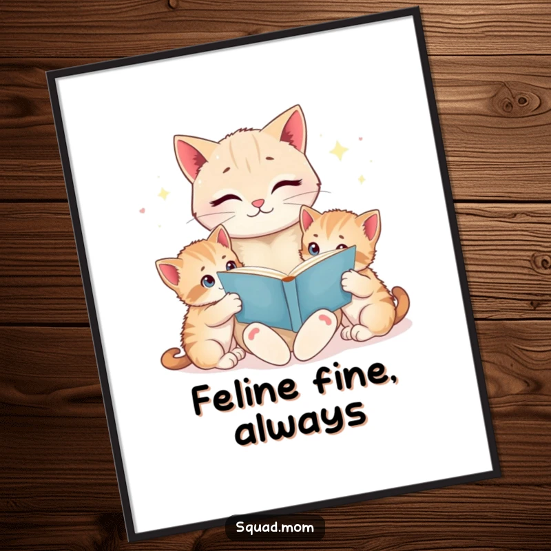 Funny cat mom reading a bedtime story to her wide-eyed kittens, as a vibrant digital art print for instant wall decor.