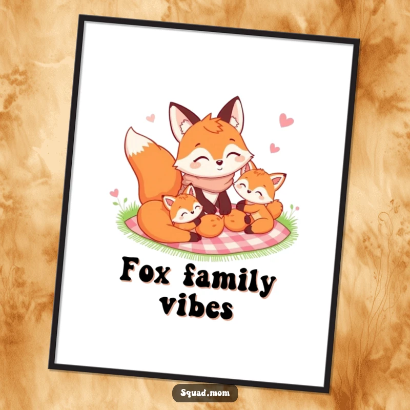 Funny Fox Mom and kits Digital Art Print of a happy picnic scene, perfect for instantly adding heartwarming family decor.