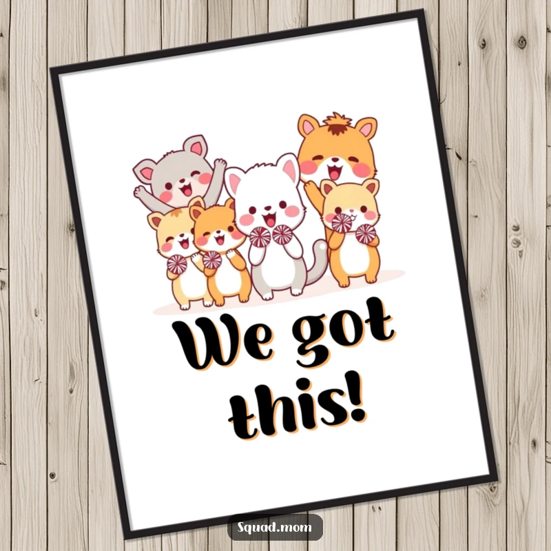 Funny digital art print of a lively group of stylized animal friends energetically cheering with colorful mini pom-poms, ready to be printed and displayed.