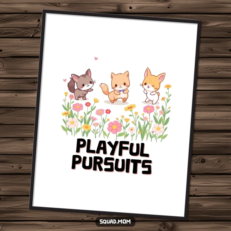 Funny digital art print of cheerful animal friends playing tag amidst a colorful flower field, ready for printing and immediate enjoyment.
