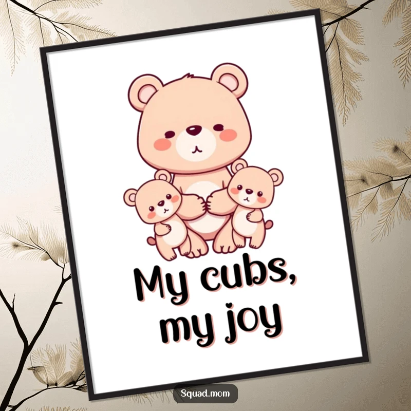 Funny digital art print of a mother bear holding hands with her two cubs, bringing heartwarming family love and humor to any digital display.