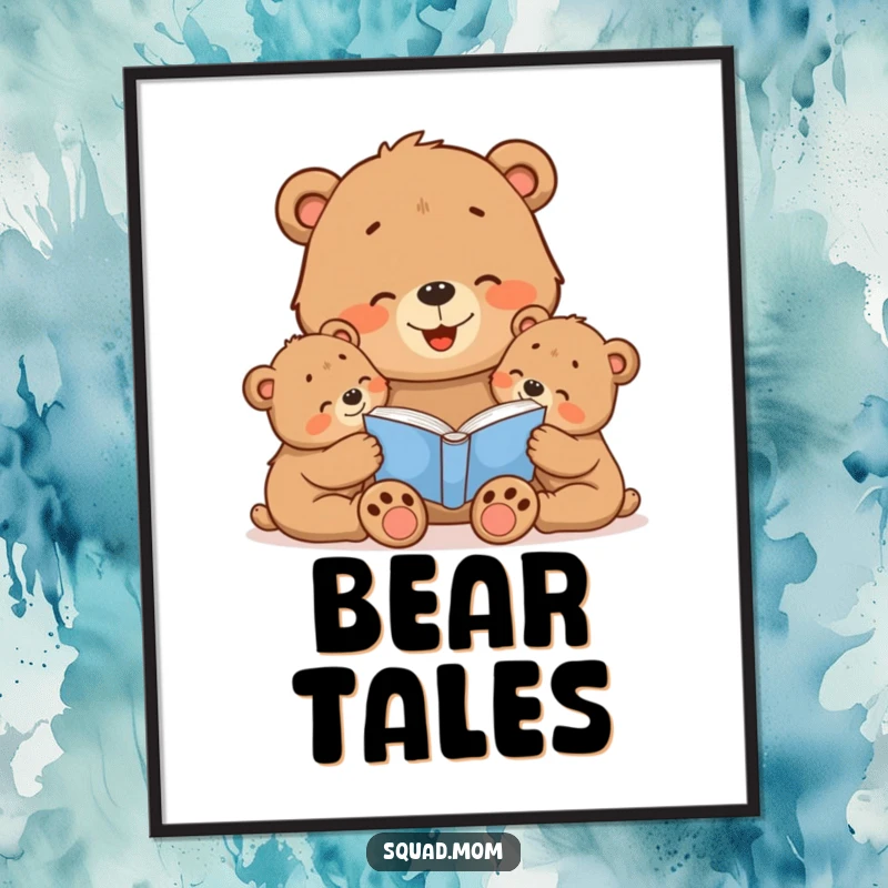 Funny Bear Mom Digital Art Print: Sweet mama bear reading a story to her cubs, creating a warm, loving, and cozy atmosphere.