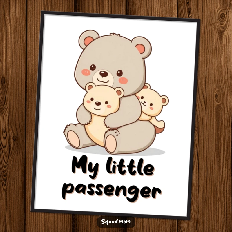 Funny digital art print of a happy bear mom giving her cub a piggyback ride, ideal for printable wall decor with a theme of love and joy.