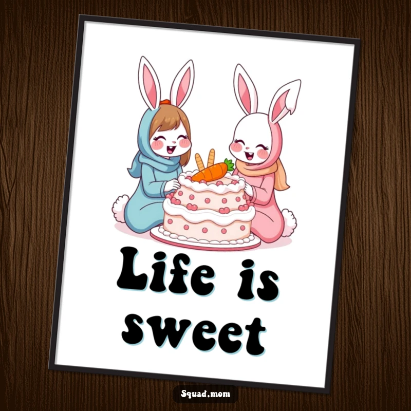 Funny bunny moms digital art print showing two smiling rabbits sharing a giant carrot cake, a humorous and heartwarming piece for immediate decor.