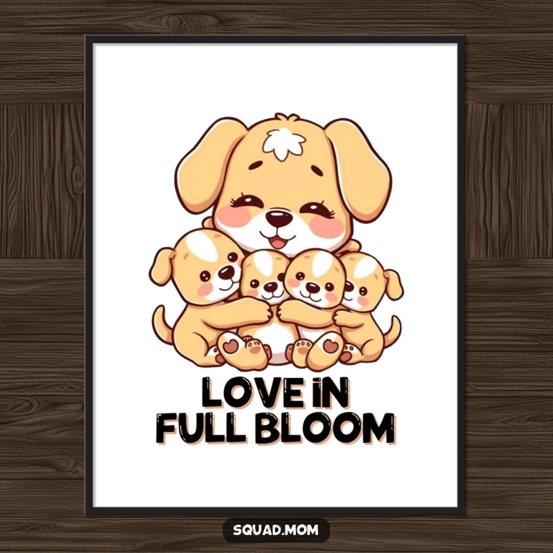 Funny digital art print of a motherly dog character hugging her puppies, conveying warmth and affection, ready for immediate decoration.