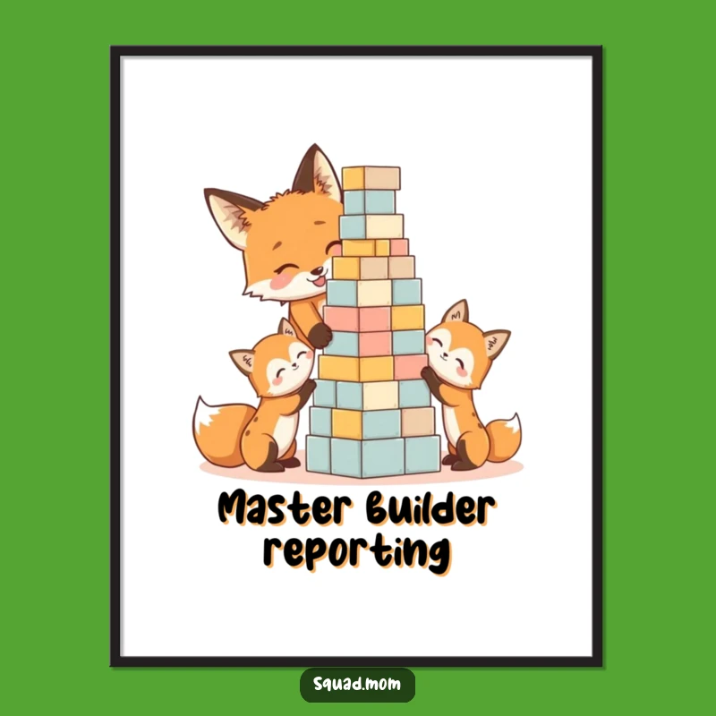 Funny Fox Mom & Kits Digital Print: Joyful Block Tower Art, Instant Humor Decor