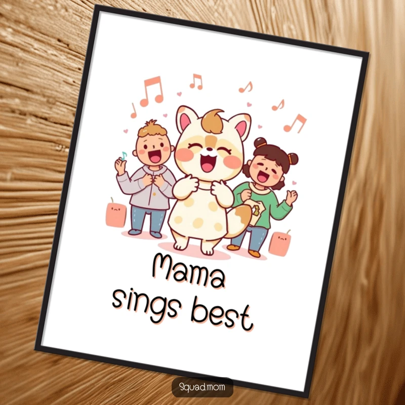 Funny Kawaii mom friend animal character singing with passion in this digital art print, celebrating music and motherhood.