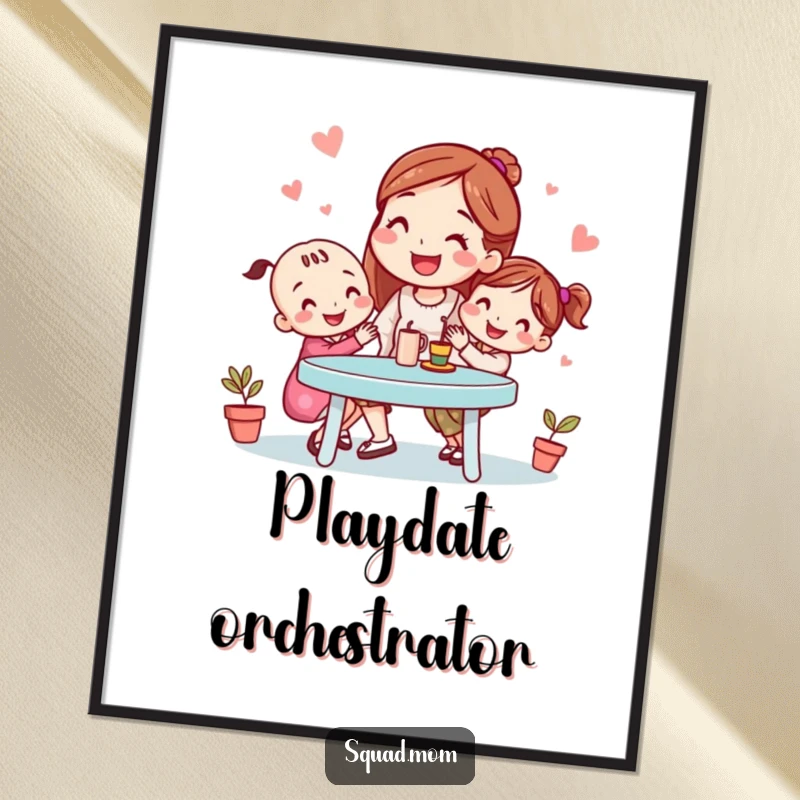 Funny digital art print of a smiling mom friend organizing a playdate, perfect for instant wall decor and a humorous touch, a wonderful funny gift.
