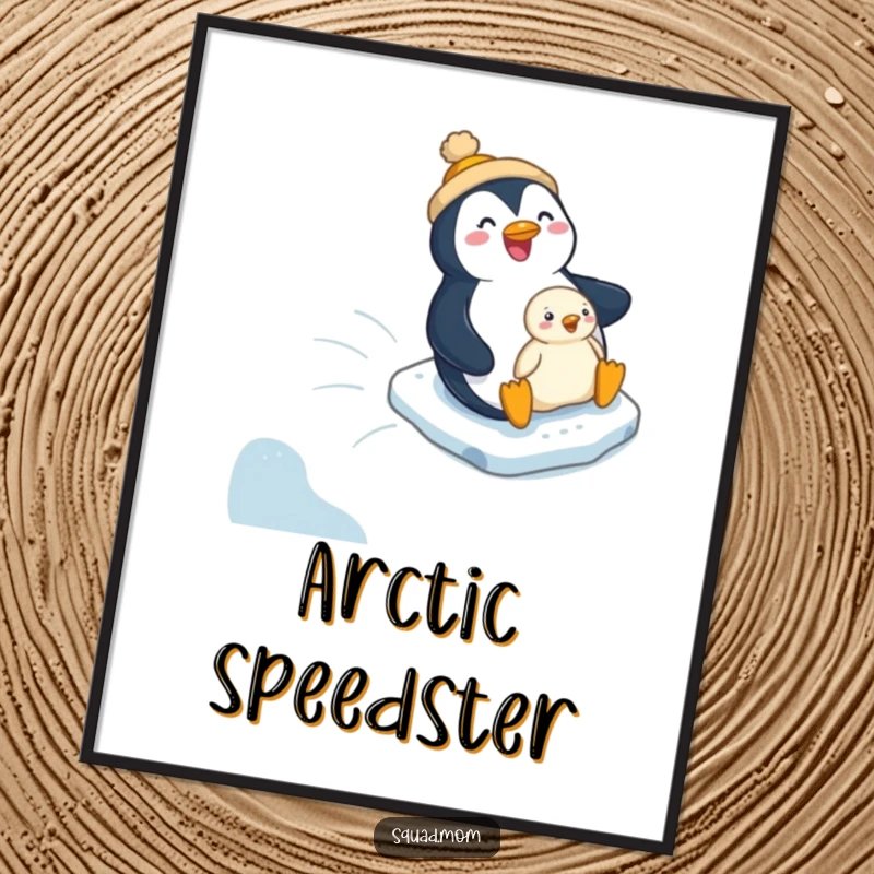 Funny digital art print of a penguin mom and chick joyfully sliding down an icy hill for instant humorous decor.