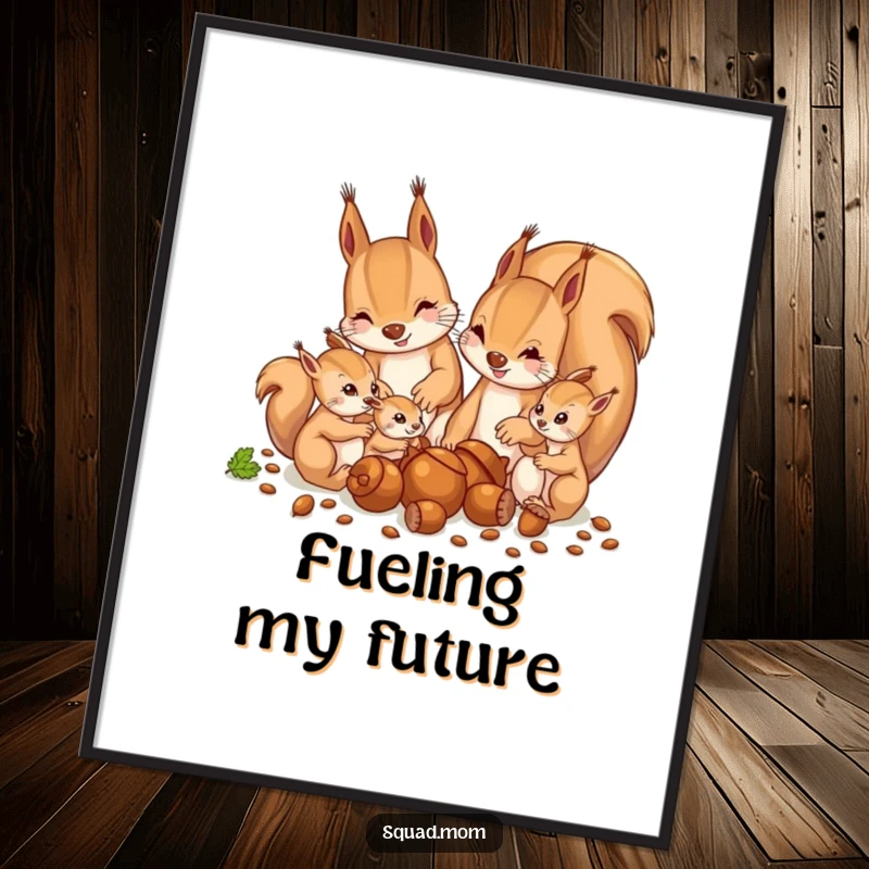 Funny digital art of a mother squirrel and her babies enthusiastically gathering acorns, ideal for humorous home decor.