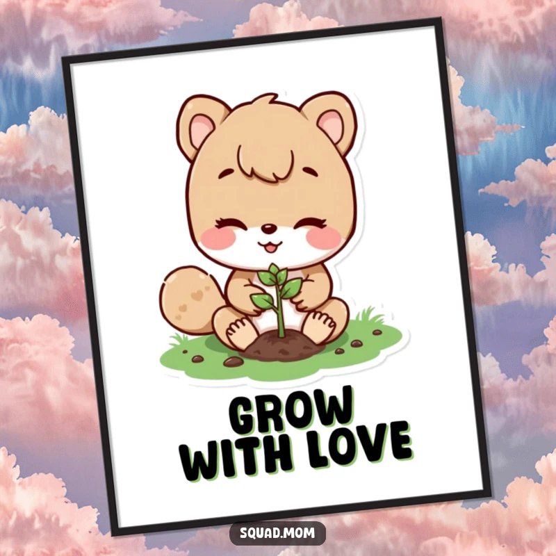 Funny digital art print of a sweet animal mom character planting a tiny seed, symbolizing growth, care, and nature, ready for printing.