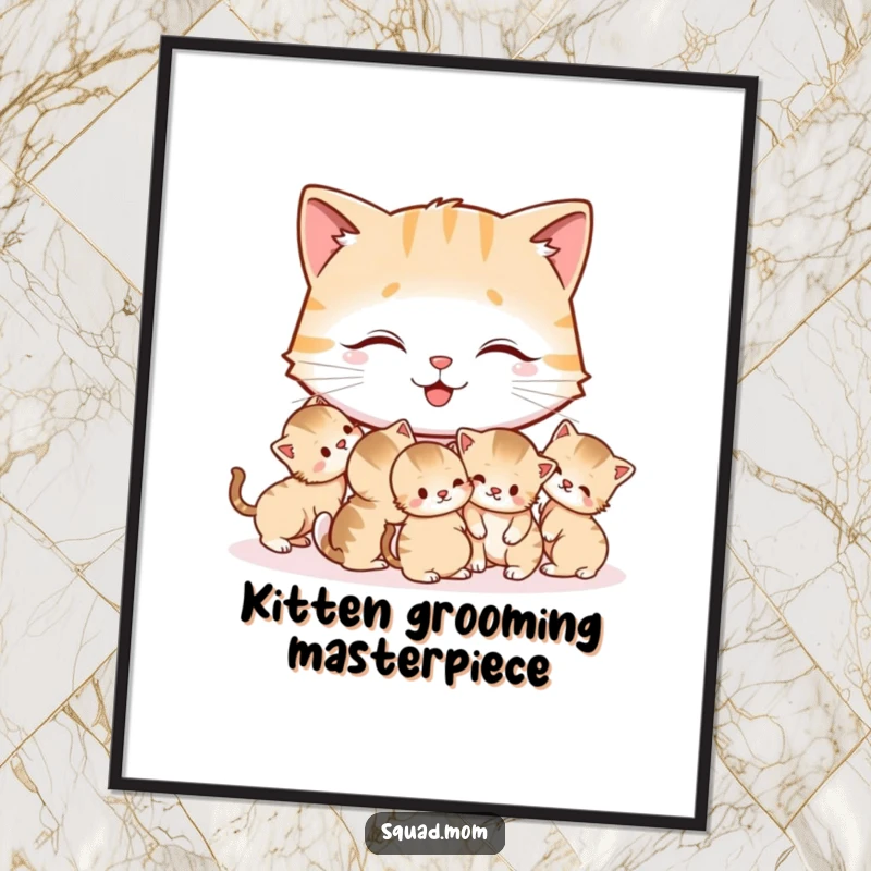 Funny Cat Mom Digital Art Print showing a happy mother cat grooming her tiny kittens, perfect for humorous home or digital display.