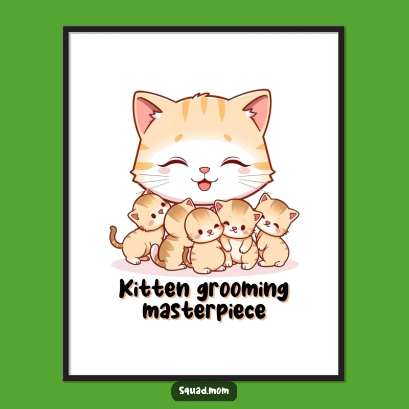 Funny Cat Mom Digital Art Print: Happy Grooming Mother Cat, Humorous Wall Decor Gift