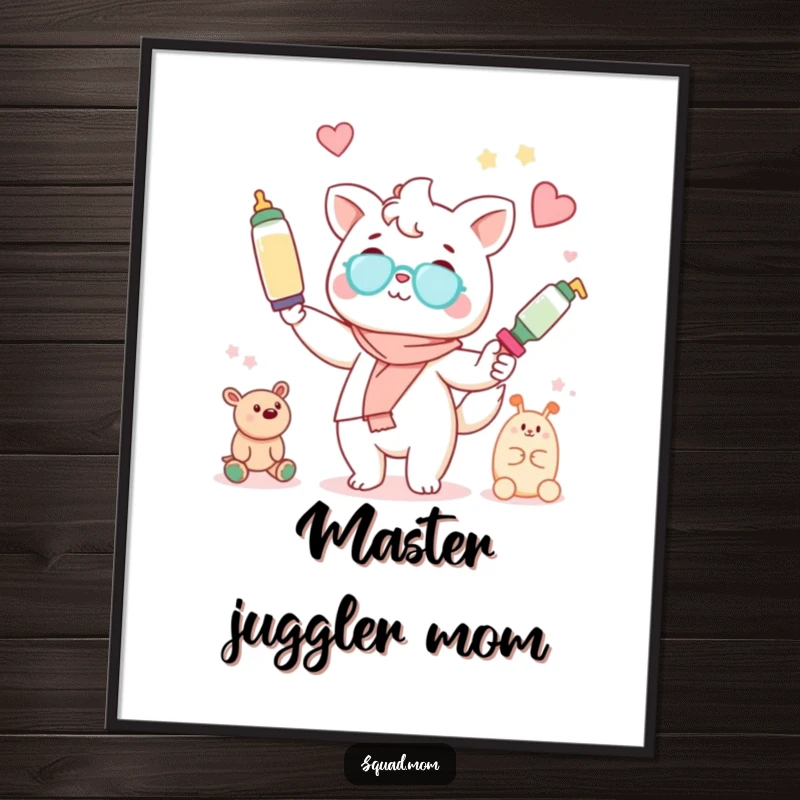 Funny Kawaii mom friend animal character juggling baby bottles and toys in this digital art print, celebrating motherhood's demands.