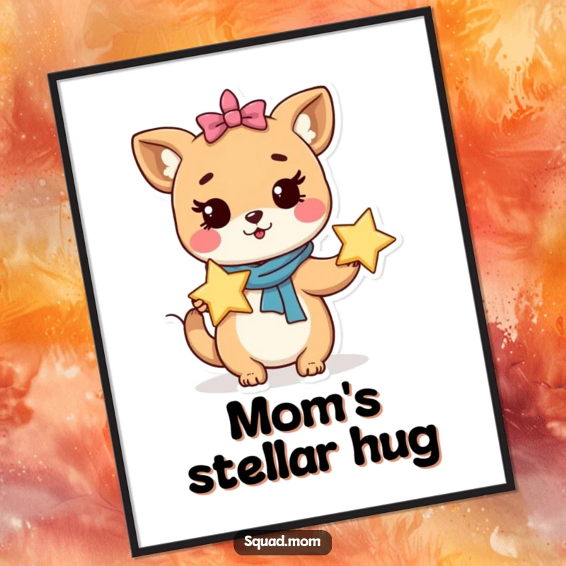 Funny Digital Art: Whimsical animal mom character holds a star, instant printable art for magic.