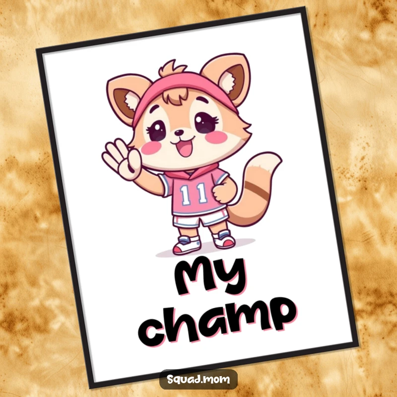 Funny Kawaii Mom Friend Digital Art: A cute animal character cheering for a tiny athlete provides instant motivational decor.