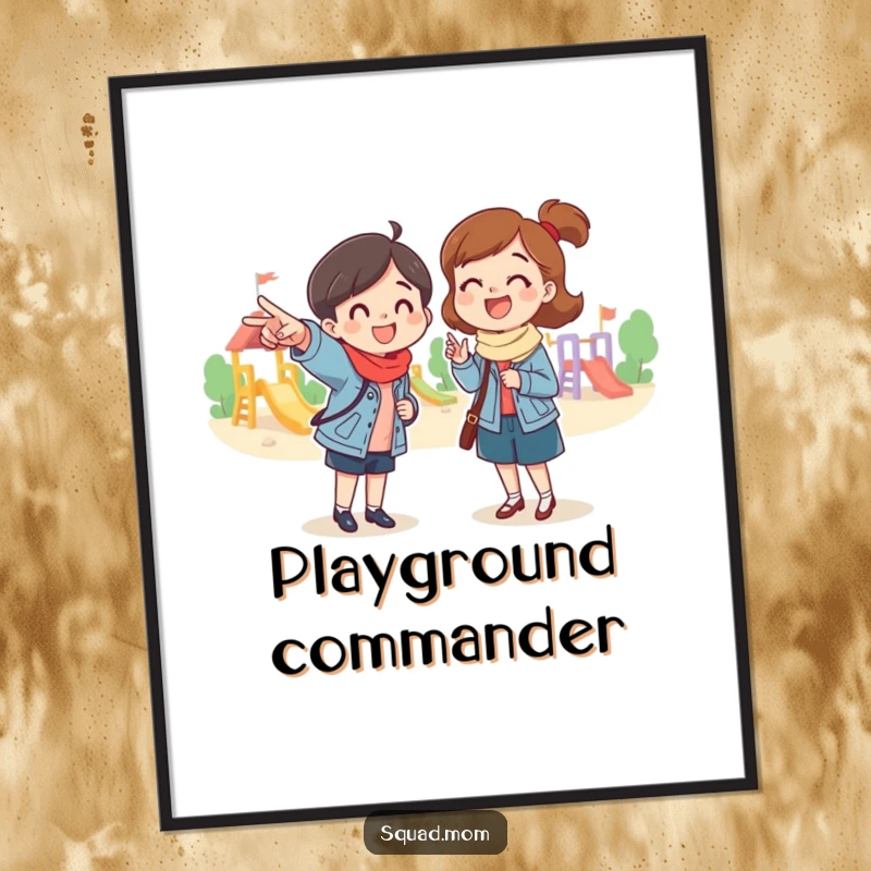 Funny digital art print of a mom friend pointing excitedly towards a playground, perfect for instant wall decor and injecting humor, a wonderful funny gift.