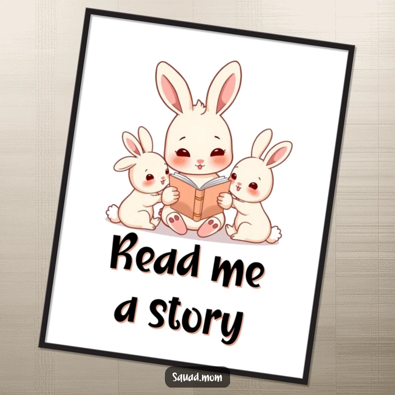 Funny rabbit mom character reading a story to her babies, high-quality digital art print for instant download.