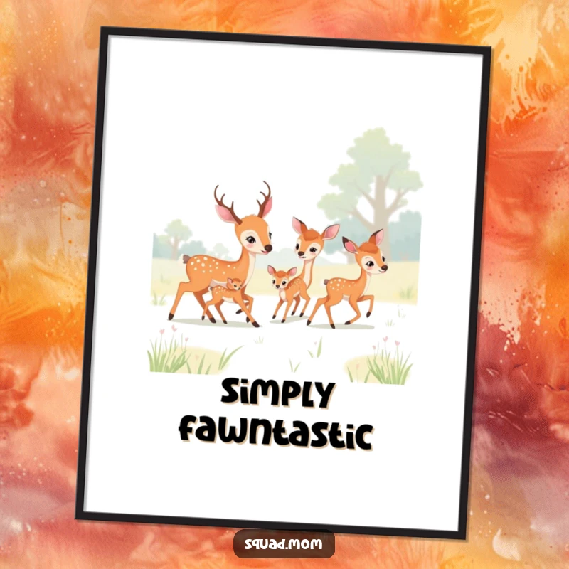 Funny deer moms and fawns playing tag in a meadow, as a vibrant digital art print for instant wall decor.