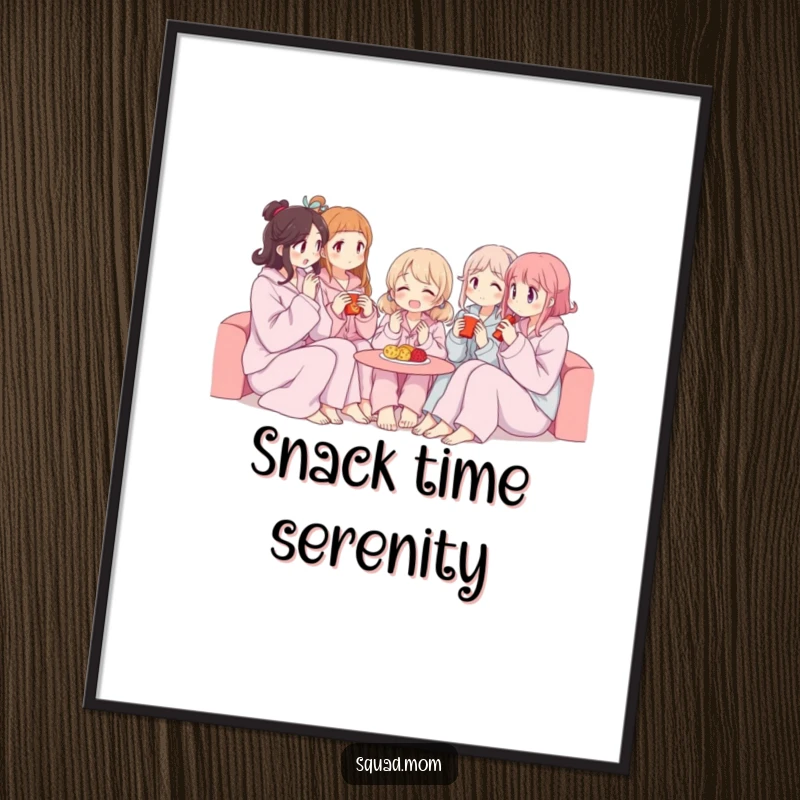 Funny digital art print of women in pajamas sharing snacks, ideal for instant wall decor.