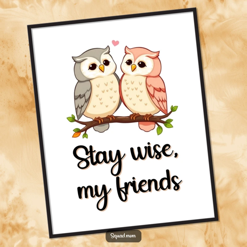 Funny owl moms sharing secrets and gossip while perched on a branch, as a vibrant digital art print for instant wall decor.