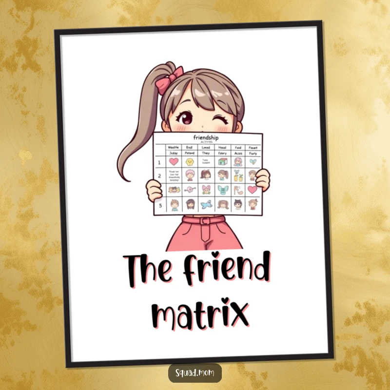 Funny digital art print of a woman displaying a friendship activity chart, ideal for instant decor.