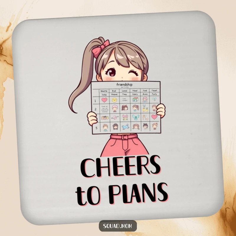 Funny coasters featuring a woman displaying a friendship activity chart, perfect for table protection.