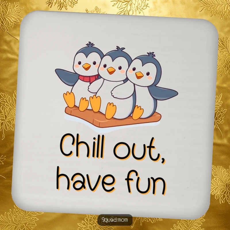 Funny penguin moms sliding down an icy hill together on a set of drink coasters, protecting tables with charm.