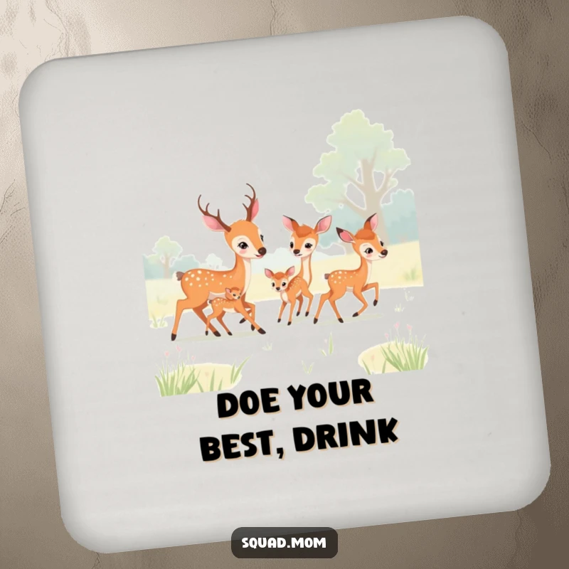 Funny deer moms and fawns playing tag in a meadow on a set of drink coasters, protecting tables with charm.