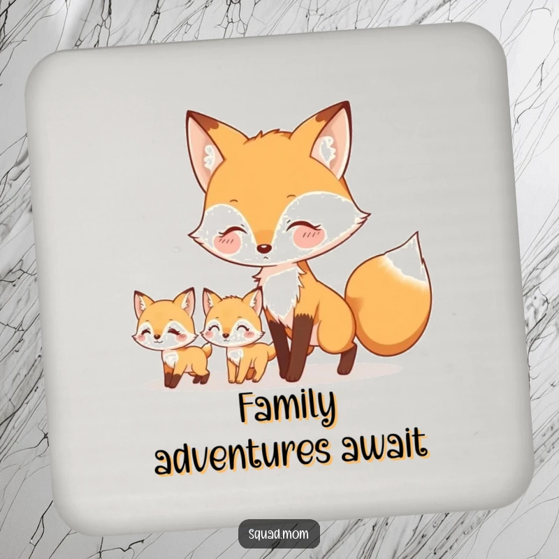 Funny drink coaster featuring a mother fox leading her little kits, protecting surfaces with a charming and humorous nature theme.
