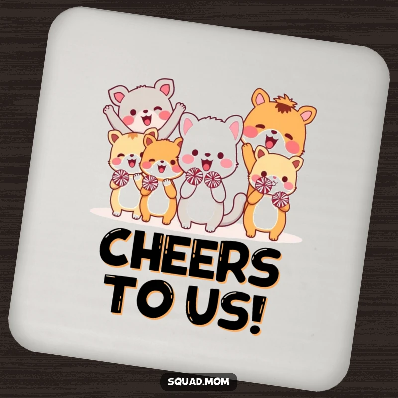 Funny drink coasters depicting a group of excited animal friends holding tiny pom-poms and cheering, adding a humorous touch to any tabletop.
