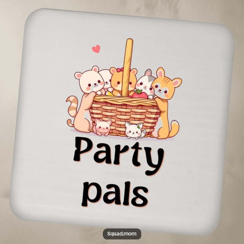 Funny Animal Friends Coasters: Set of coasters featuring cute animals sharing a picnic, offering protection with a theme of friendship.