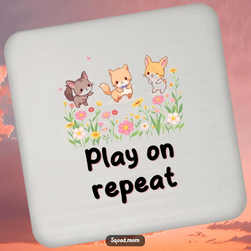 Funny drink coasters featuring a group of happy animal friends playing tag amidst a colorful flower field, adding a playful touch to any tabletop.